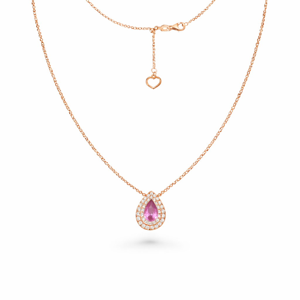 Pear Shape Pink Sapphire With Diamond Halo Necklace (0.73 ct.) in 18K Gold