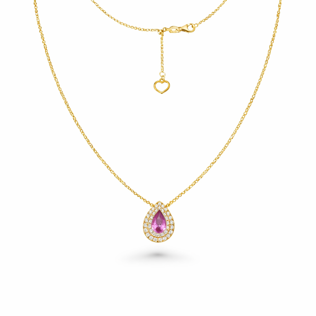 Pear Shape Pink Sapphire With Diamond Halo Necklace (0.73 ct.) in 18K Gold