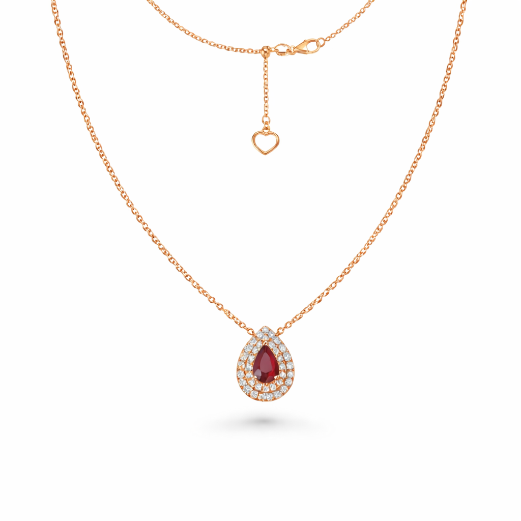 Pear Shape Red Ruby With Diamond Halo Necklace (0.73 ct.) in 18K Gold