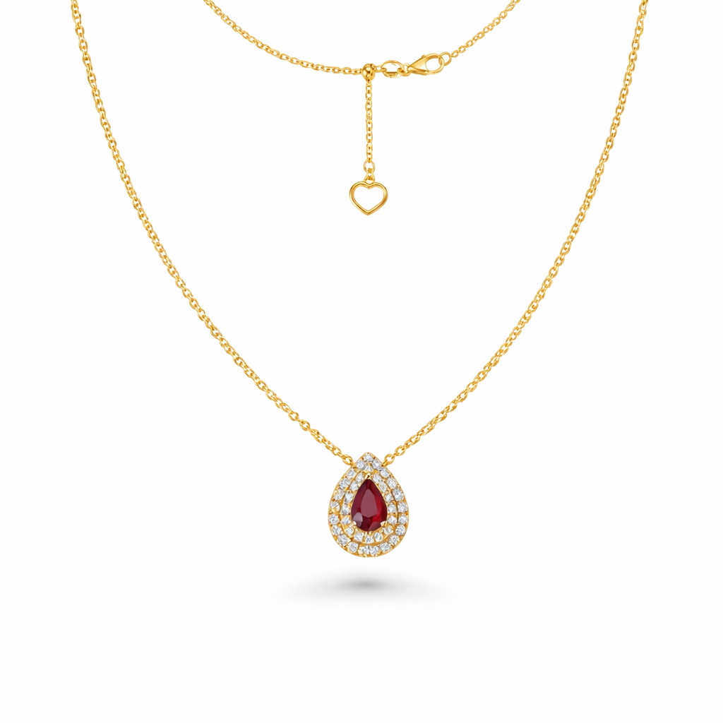 Pear Shape Red Ruby With Diamond Halo Necklace (0.73 ct.) in 18K Gold