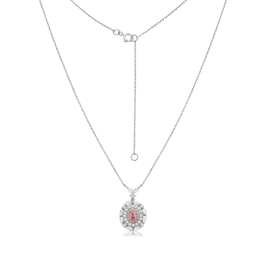 Pink Diamond Triple Halo Oval Shape Necklace (0.85 ct.) in 14K Gold
