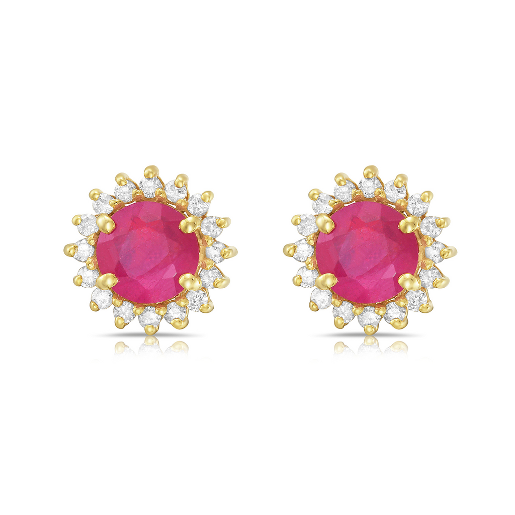 Pink Sapphire Round Shape Halo Diamonds Studs Earrings (1.30 ct.) in 14K Gold