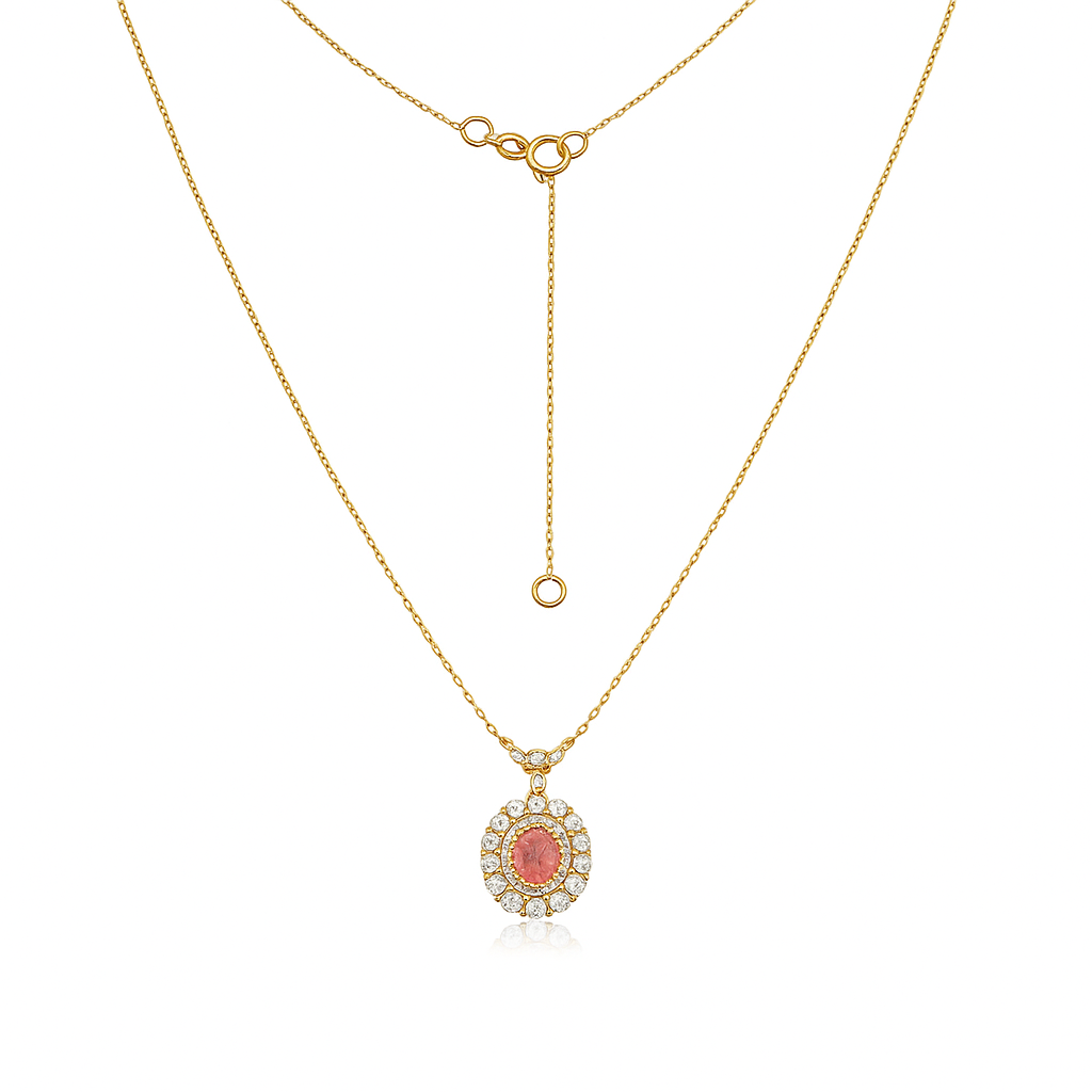 Pink Diamond Triple Halo Oval Shape Necklace (0.85 ct.) in 14K Gold