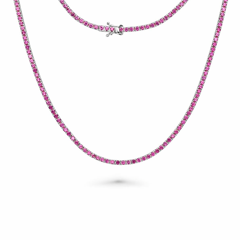 Pink Sapphire Tennis Necklace (5.50 ct.) 4-Prongs Setting in 14K Gold