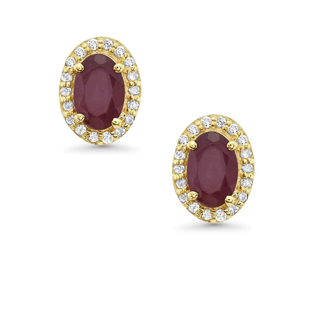 Red Ruby Oval Shape Halo Diamonds Studs Earrings (1.40 ct.) in 14K Gold