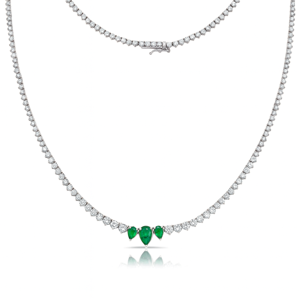 Riviera Diamond and Emerald Tennis Necklace (10.00 ct.) 2.80 mm to 10.00 mm 3-Prongs Setting in 14K Gold