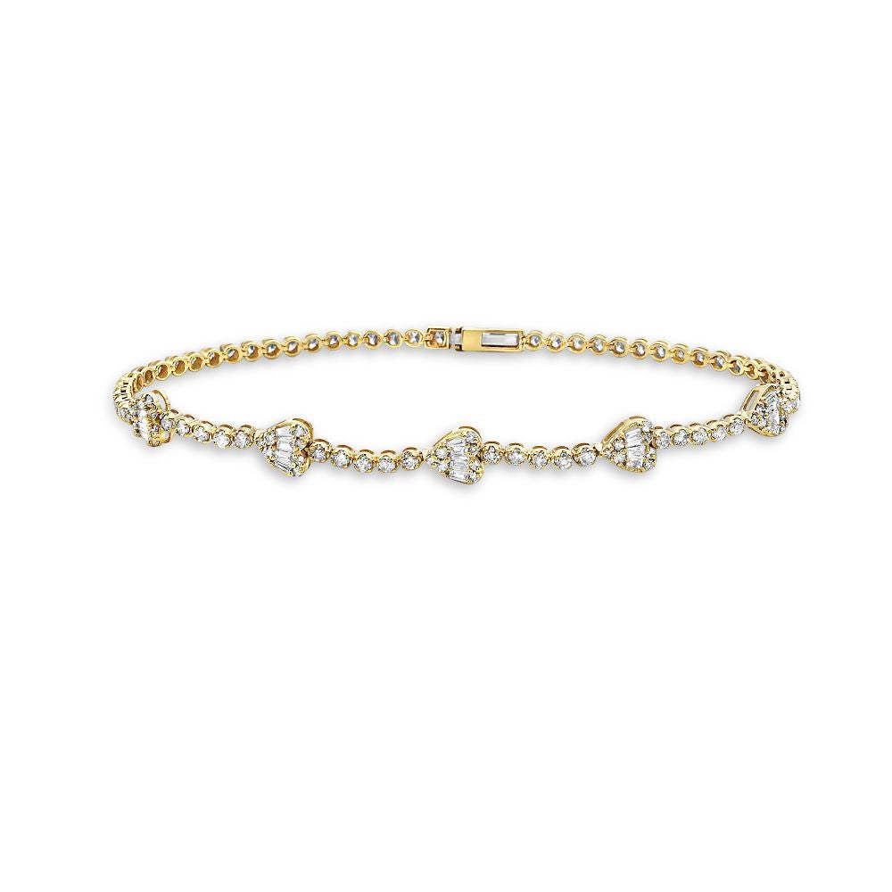 Round & Baguette Diamonds Heart Shape Tennis Bracelet (1.70 ct.) Buttercup Setting in 14K Gold