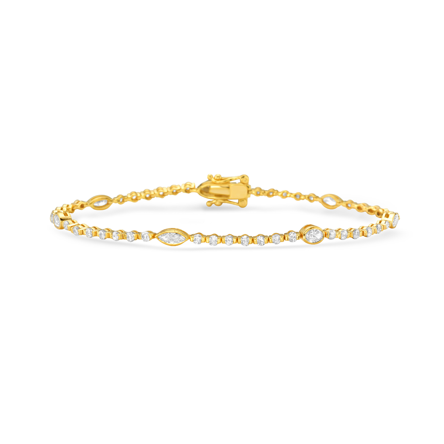 Round & Marquise Shape Diamond Tennis Bracelet (2.20 ct.) bezel Setting in 14K Gold