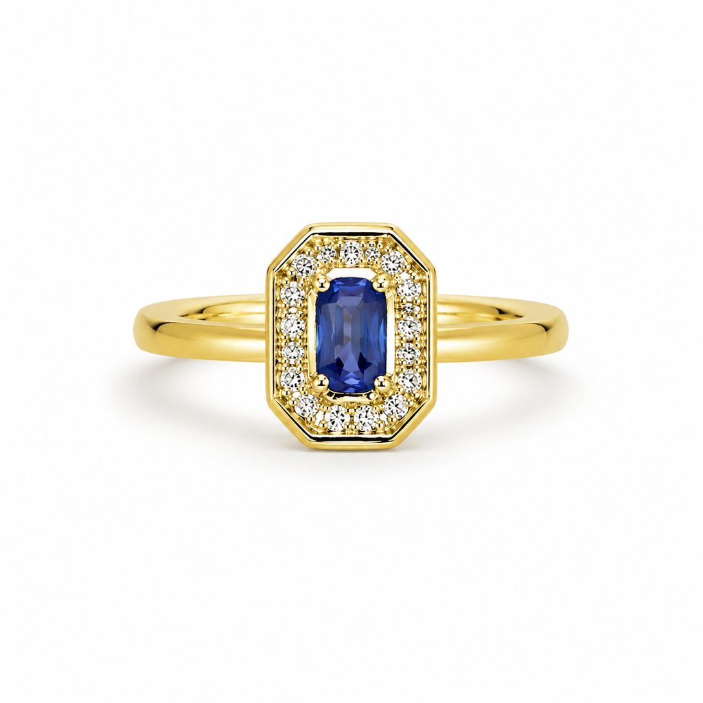 Sapphire & Diamond Halo Shield Ring (0.55 ct.) in 14K Gold