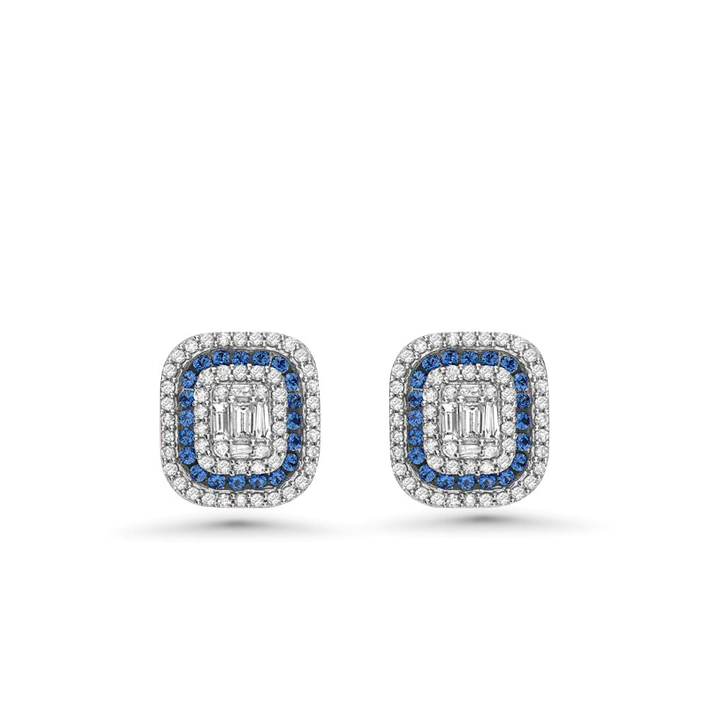 Triple Halo Diamonds & Blue Sapphire Rectangular Shape Studs Earrings (1.00 ct.) in 14K Gold