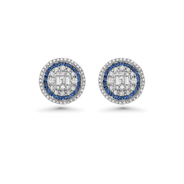 Triple Halo Diamonds & Blue Sapphires Round Shape Studs Earrings (1.00 ct.) in 14K Gold