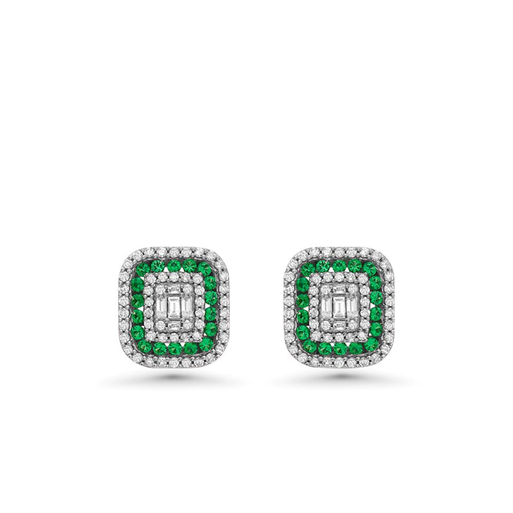 Triple Halo Diamonds & Emerald Rectangular Shape Studs Earrings (1.00 ct.) in 14K Gold