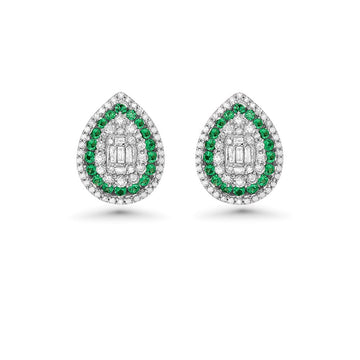 Triple Halo Diamonds & Emeralds Pear Shape Studs Earrings (1.00 ct.) in 14K Gold