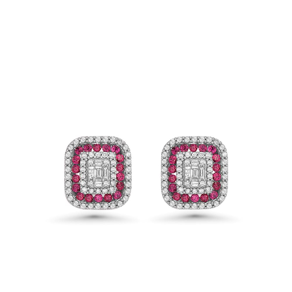 Triple Halo Diamonds & Rubies Rectangular Shape Studs Earrings (1.00 ct.) in 14K Gold