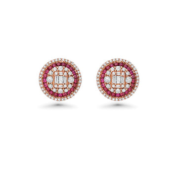 Triple Halo Diamonds & Rubies Round Shape Studs Earrings (1.20 ct.) in 14K Gold