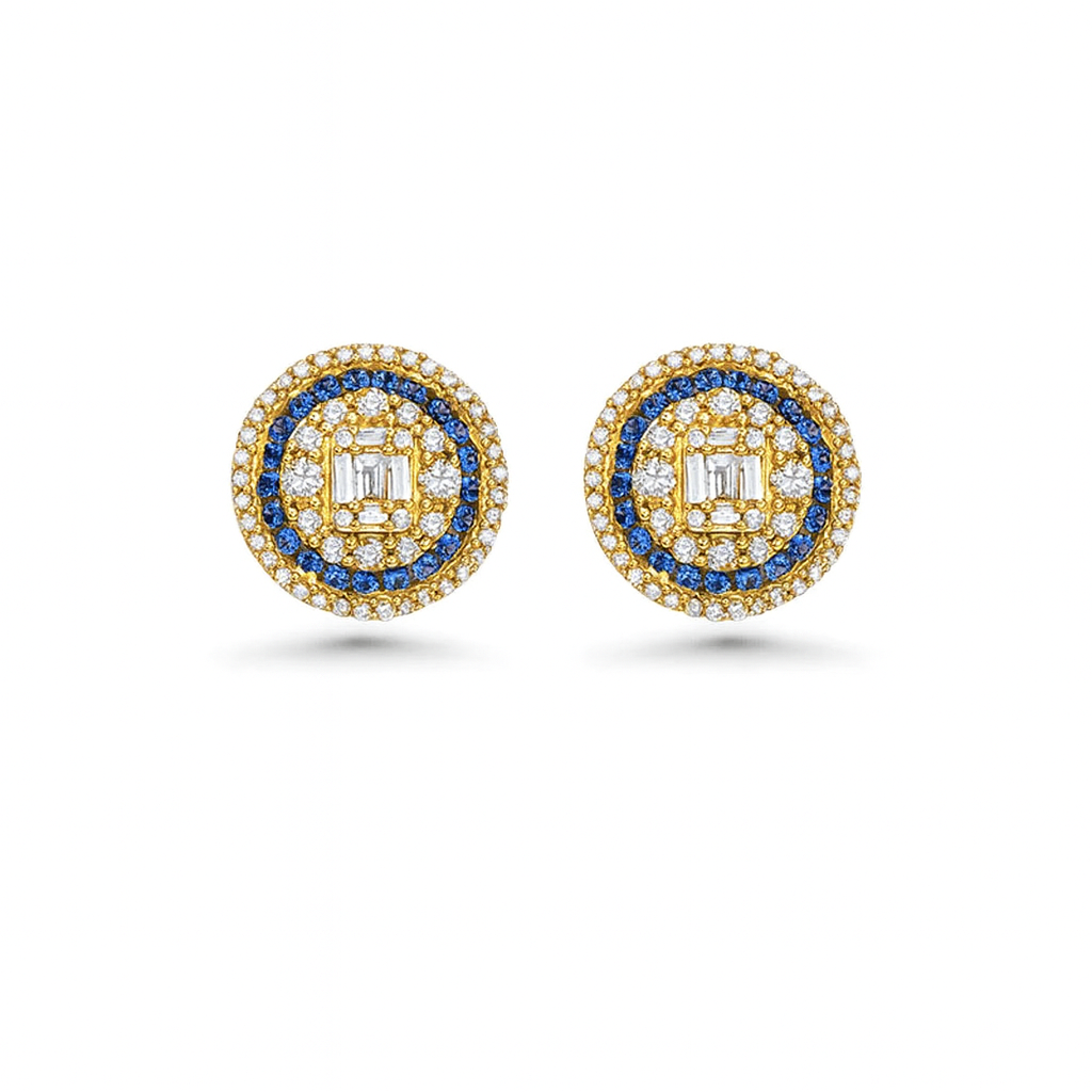 Triple Halo Diamonds & Blue Sapphires Round Shape Studs Earrings (1.00 ct.) in 14K Gold