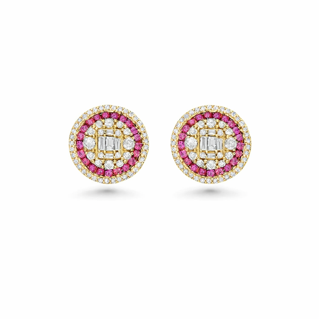 Triple Halo Diamonds & Rubies Round Shape Studs Earrings (1.20 ct.) in 14K Gold