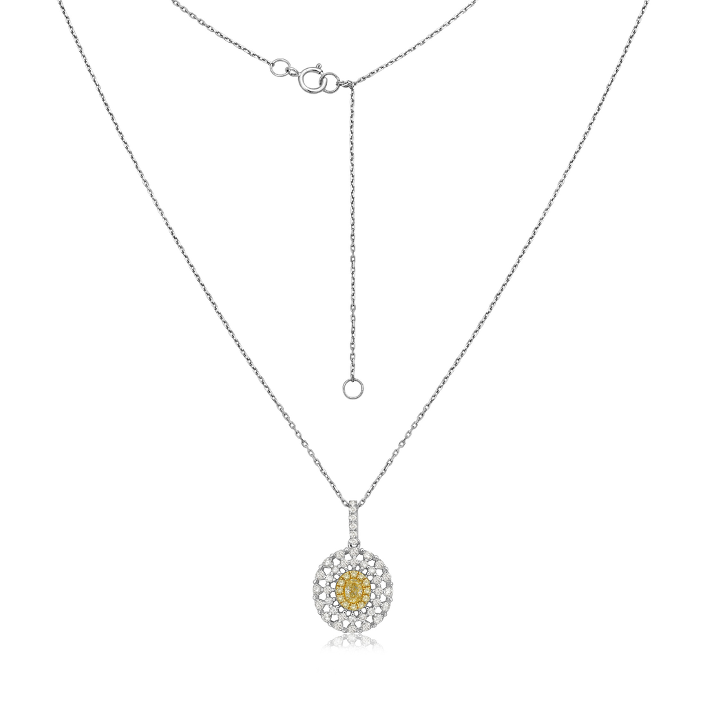 Yellow Diamond Triple Halo Oval Cut Necklace (0.55 ct.) in 14K Gold