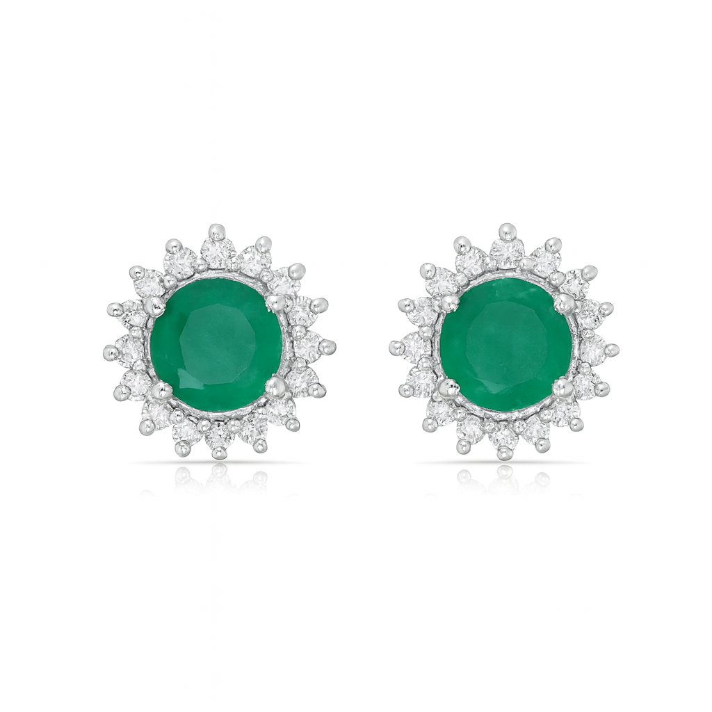 Emerald Round Shape Halo Diamonds Studs Earrings (1.15 ct.) in 14K Gold