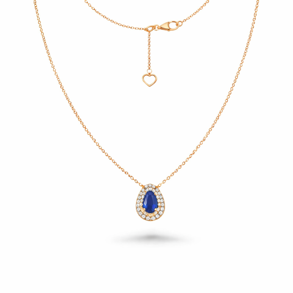 Oval Blue Sapphire With Diamond Double Halo Necklace (0.73 ct.) in 18K Gold
