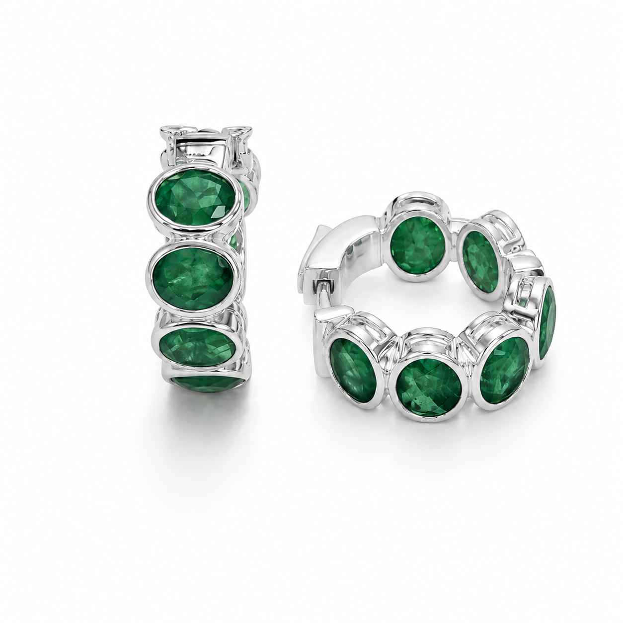 Oval Cut Genuine Emerald Inside-Out Bezel Hoop Earrings (3.85 ct.) in 14K Gold