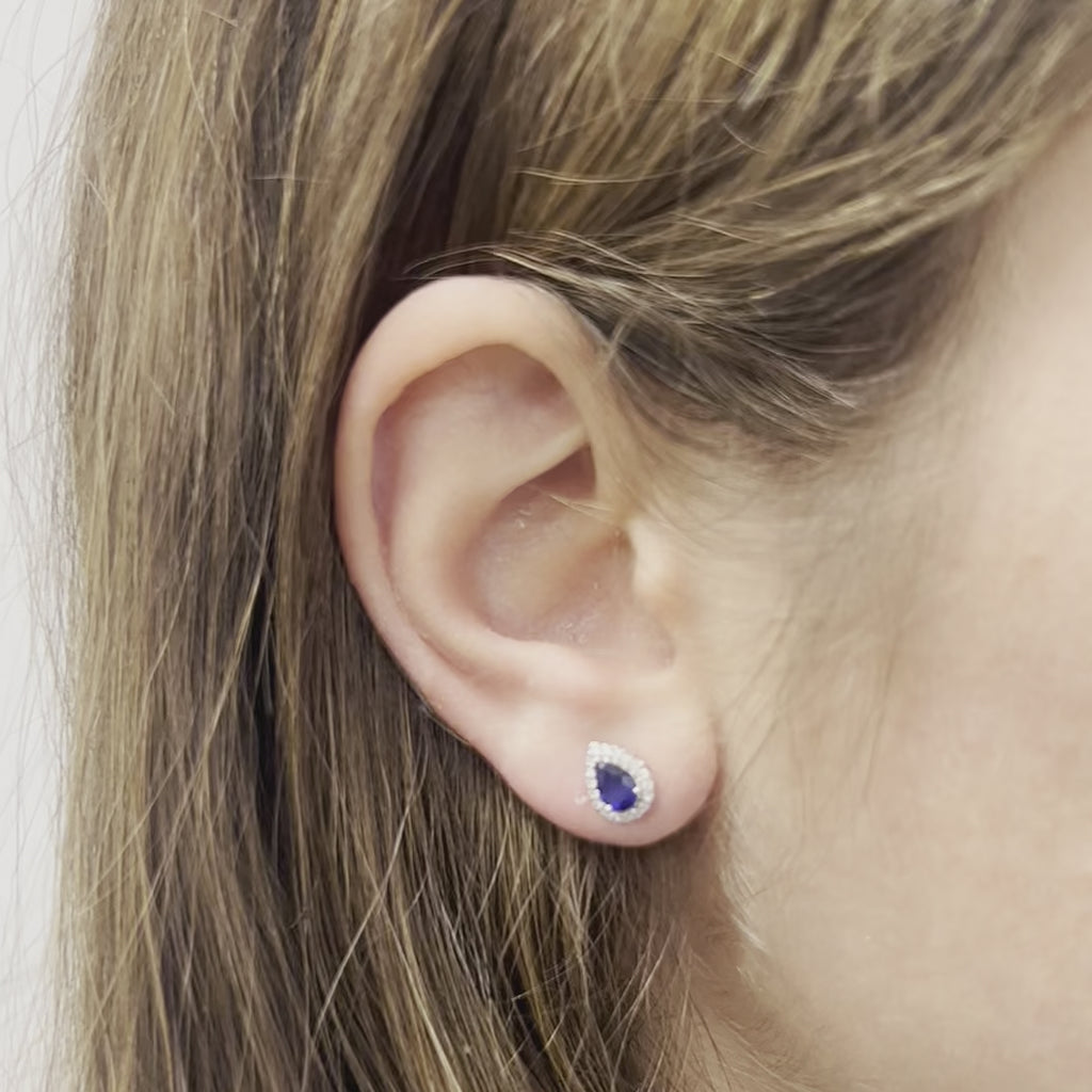 Pear Shape Blue Sapphire With Halo Diamond Studs Earrings (1.20 ct.) in 14K Gold