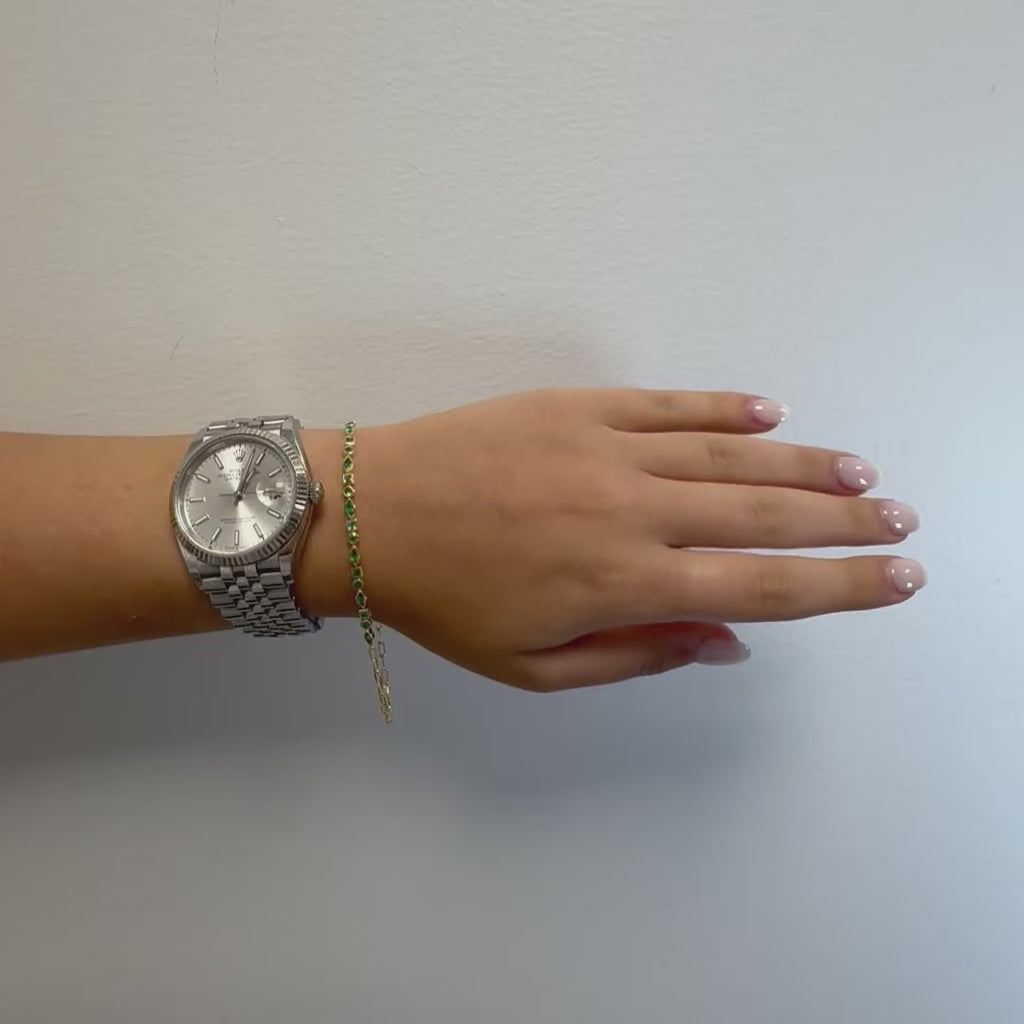 Multi Shape Emerald Bezel Setting Half Tennis Bracelet and Half paper clip Chain (1.50 ct.) in 14K Gold