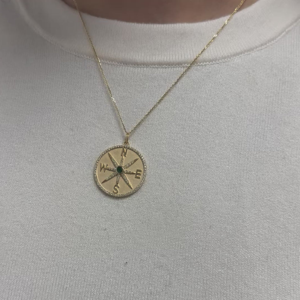Diamond and Emerald Medallion Compass Coin Pendant Necklace (0.70 ct.) in 14K Gold