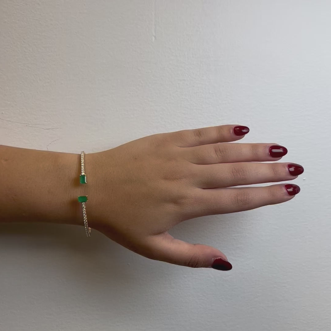 Flexible Open Diamond & Emerald Cut Emerald Bangle Bracelet  (2.30 ct.) in 14K Gold