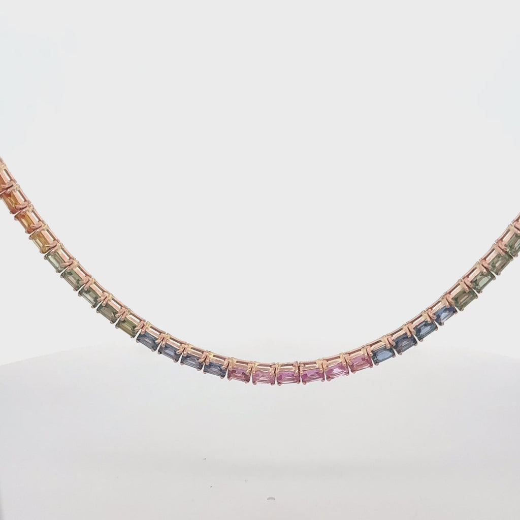East West Rainbow Multi Color Sapphire Emerald Cut Tennis Necklace (25.00 ct.) 4-Prongs Setting in 14K Gold