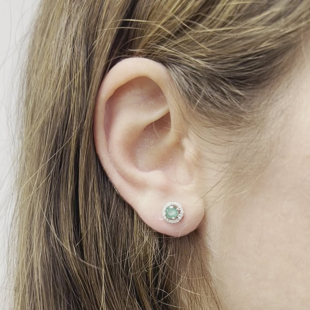 Emerald Round Shape Halo Diamonds Studs Earrings (0.67 ct.) in 14K Gold