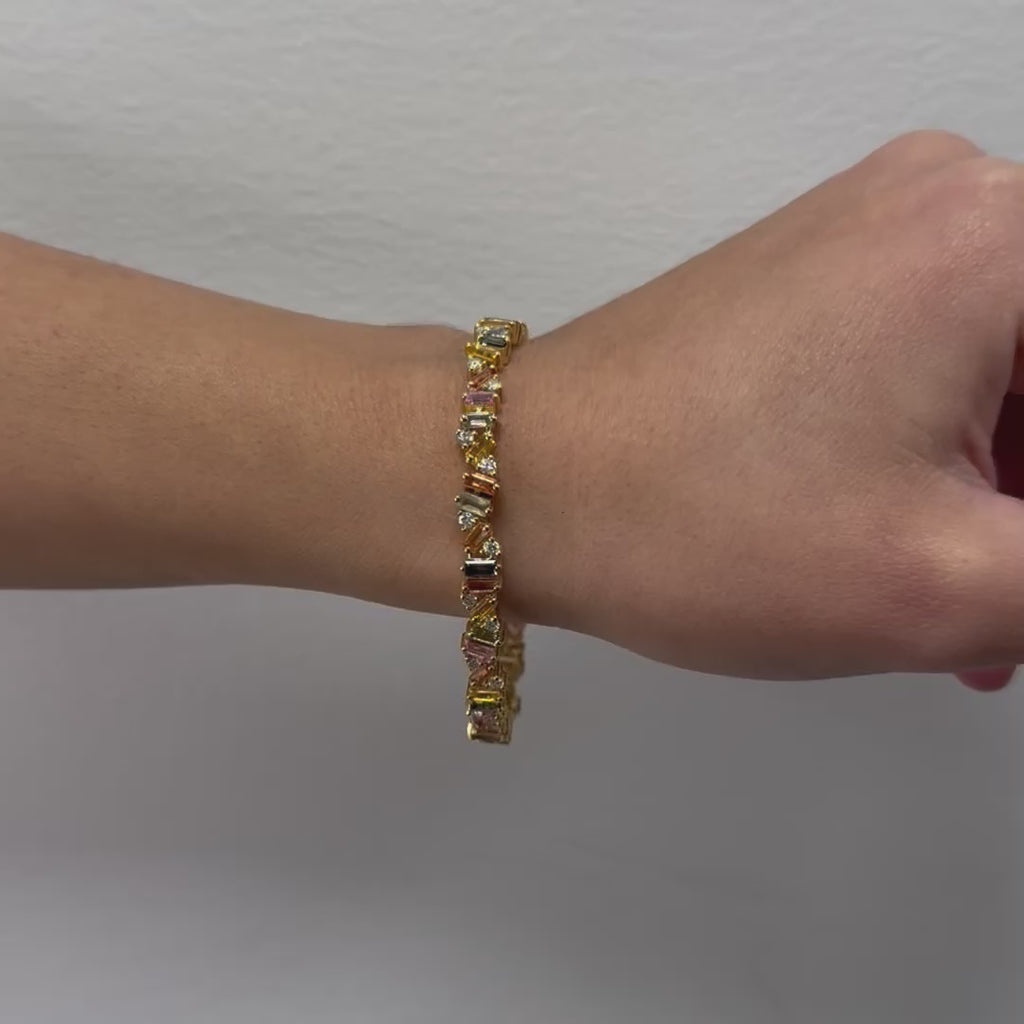 Multi Shape Rainbow Multi Color Sapphire and Diamond Tennis Bracelet (8.15 ct.) in 14K Gold