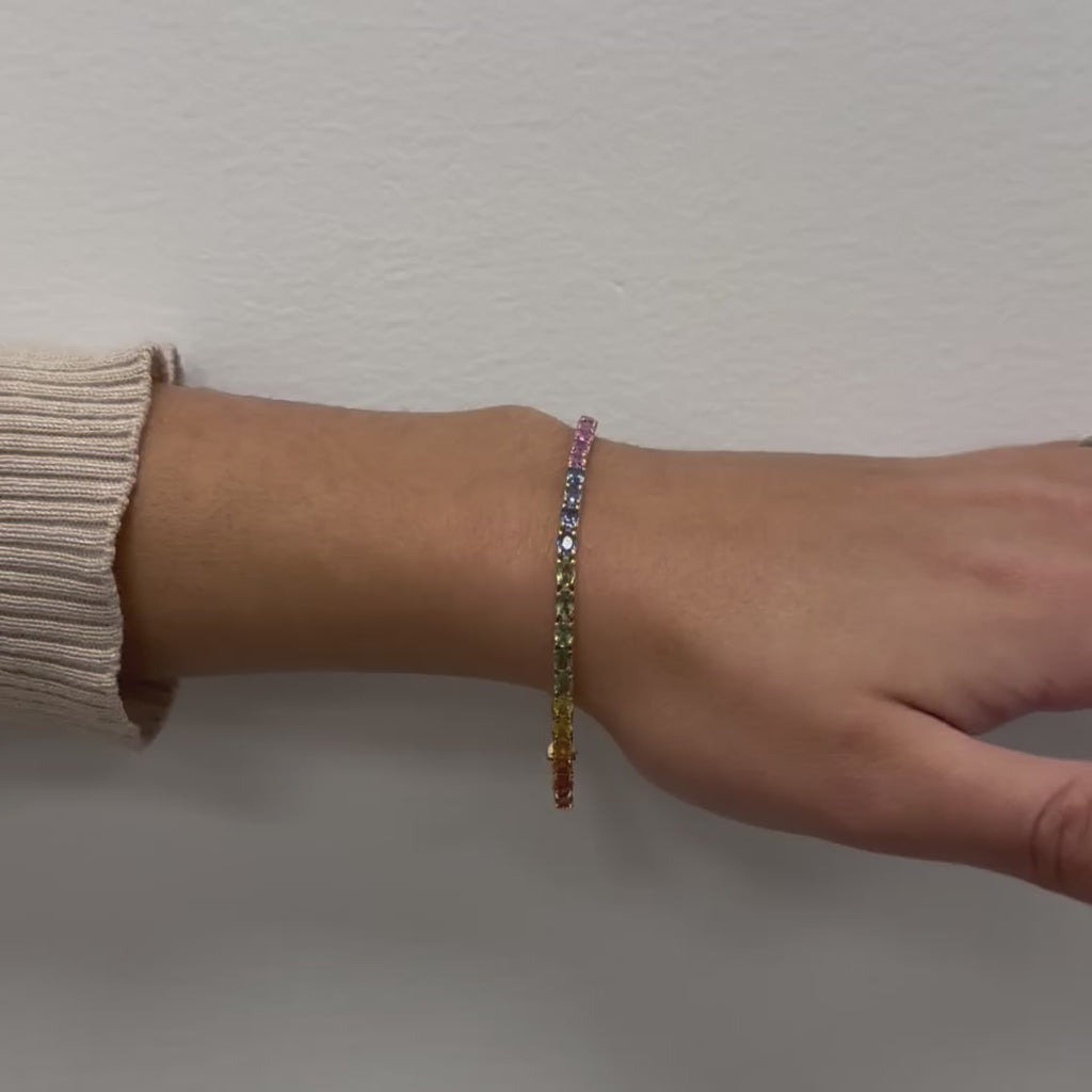 Multicolor Rainbow Oval Sapphires Tennis Bracelet (10.00 ct.) 4-Prongs Setting in 14K Gold