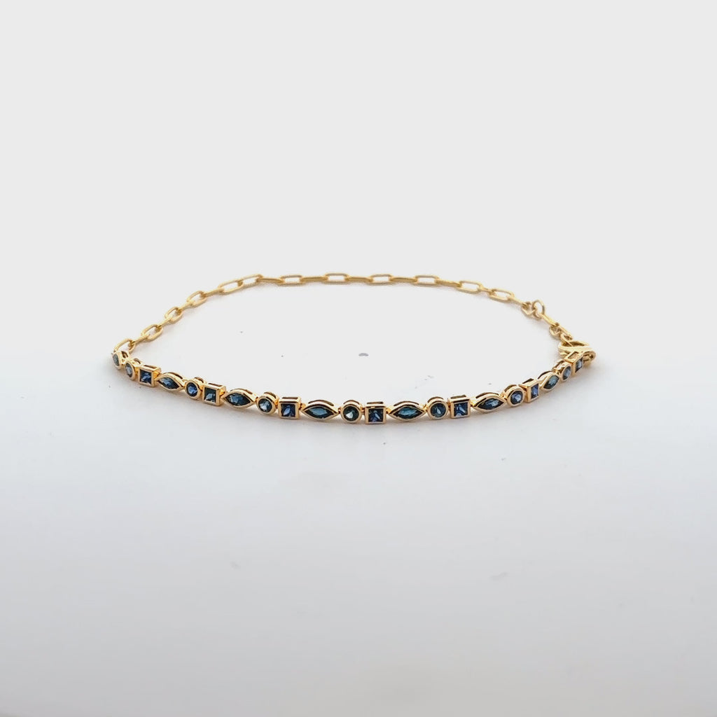 Multi Shape Sapphire Bezel Setting Half Tennis Bracelet and Half paper clip Chain (1.80 ct.) in 14K Gold