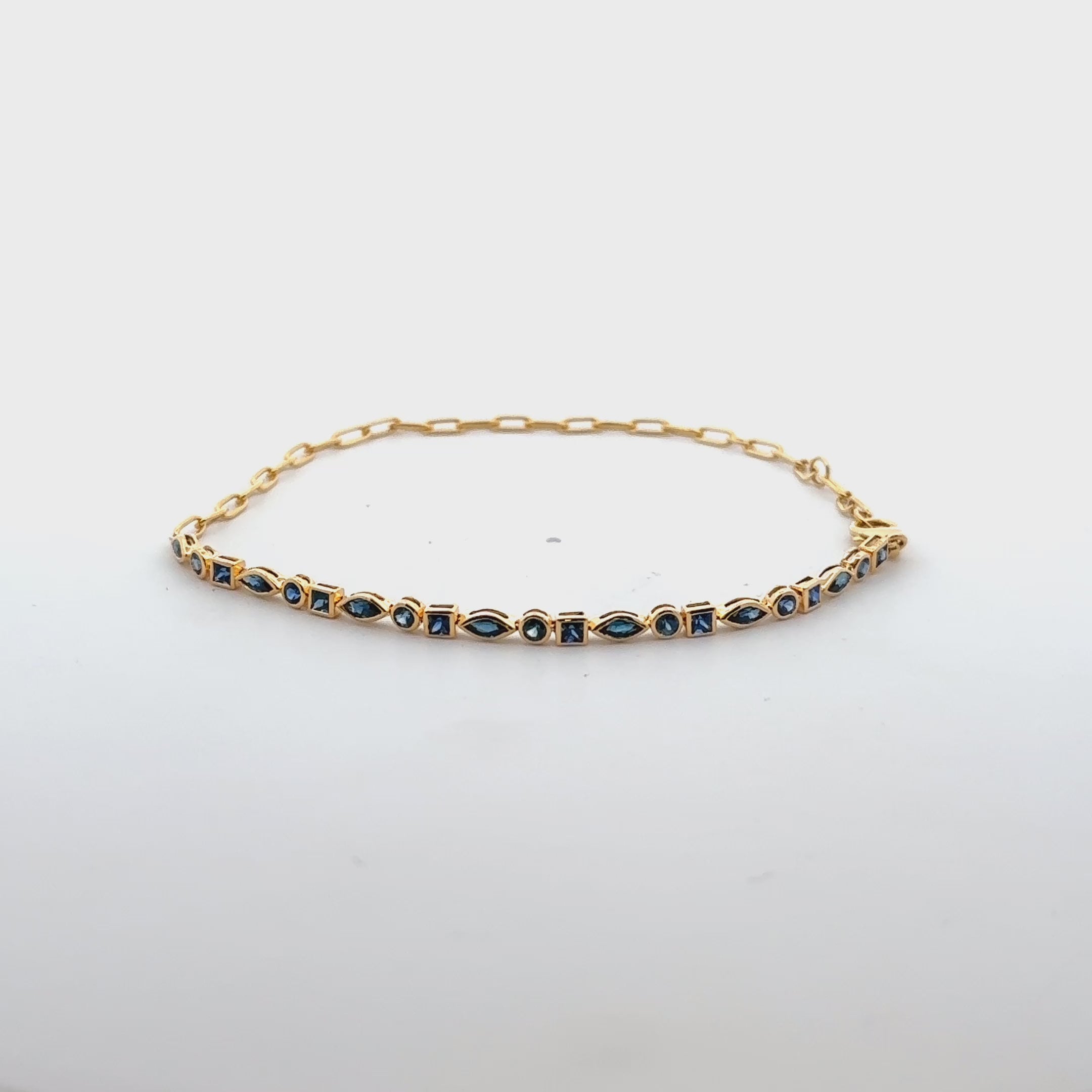 Multi Shape Sapphire Bezel Setting Half Tennis Bracelet and Half paper clip Chain (1.80 ct.) in 14K Gold