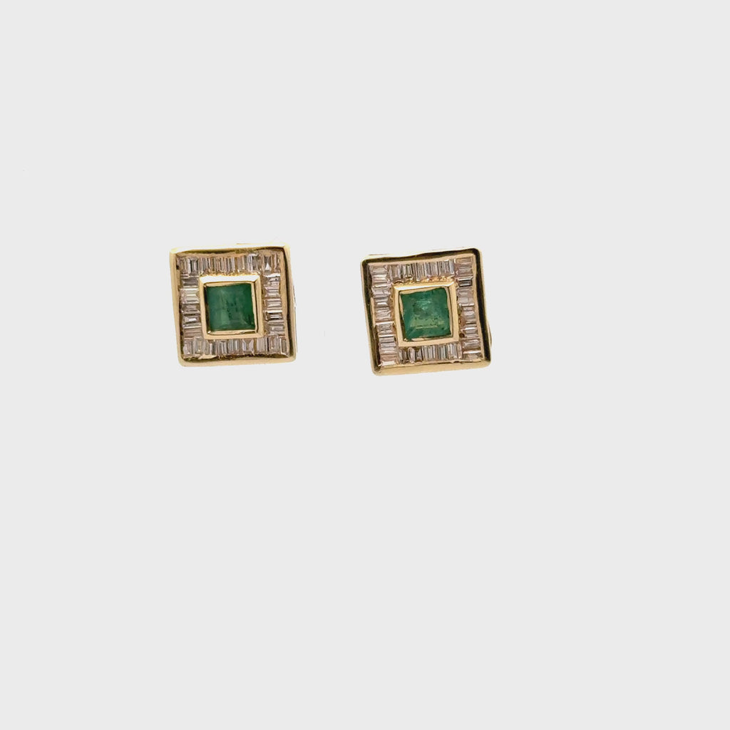 Princess Cut Emerald with Baguette Diamond Halo Studs Earrings (3.10 ct.) in 14K Gold