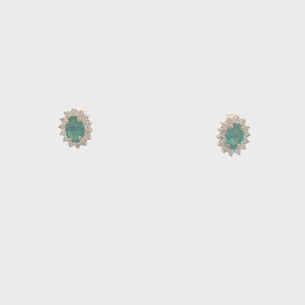 Emerald Oval Shape With Halo Diamonds Studs Earrings (1.10 ct.) in 14K Gold