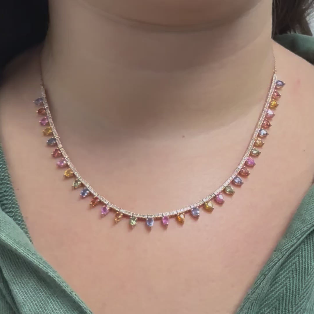 Diamond & Dangling Pear Shape Rainbow Sapphire Tennis Necklace (8.15 ct.) in 14K Gold
