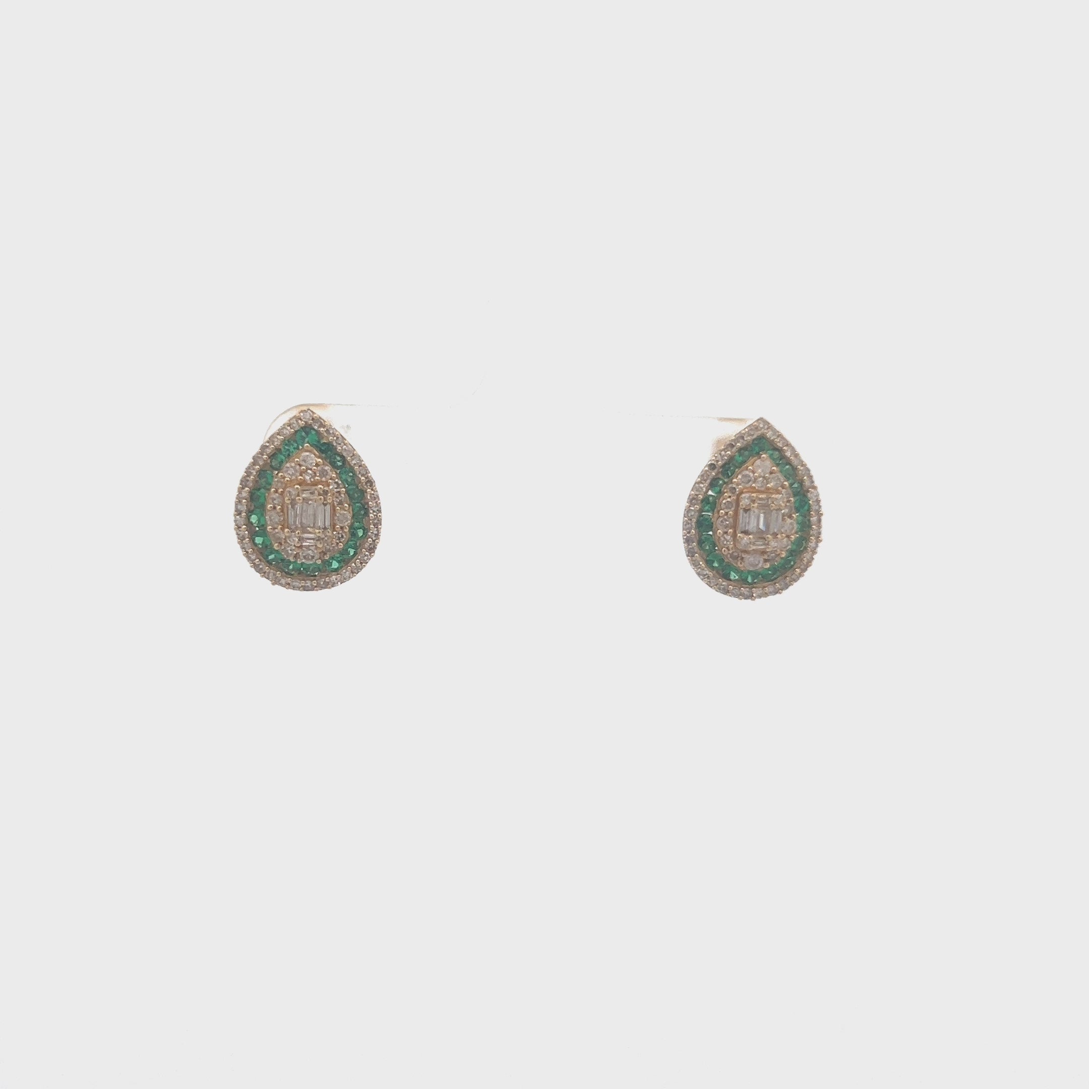 Triple Halo Diamonds & Emeralds Pear Shape Studs Earrings (1.00 ct.)  in 14K Gold