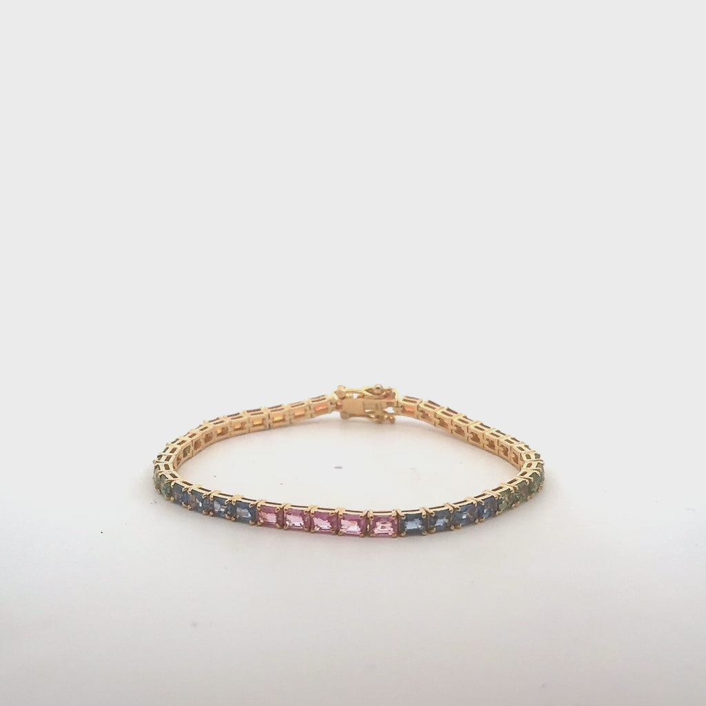 Emerald Cut Rainbow Multi Color Sapphire Tennis Bracelet (10.85 ct.) in 14K Gold
