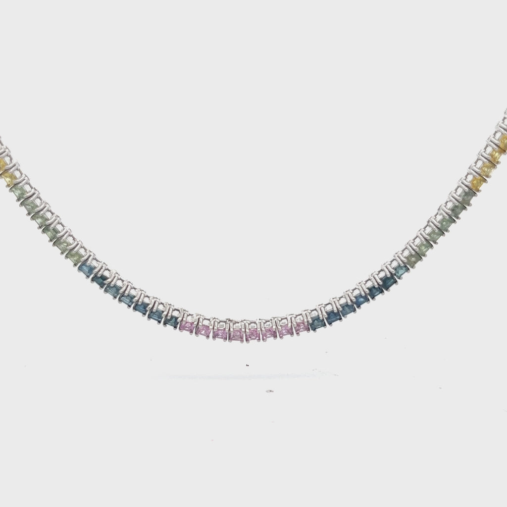 Rainbow Multi Color Square Shape Sapphire Tennis Necklace ( 14.50 ct.) 4-Prongs Setting in 14K Gold