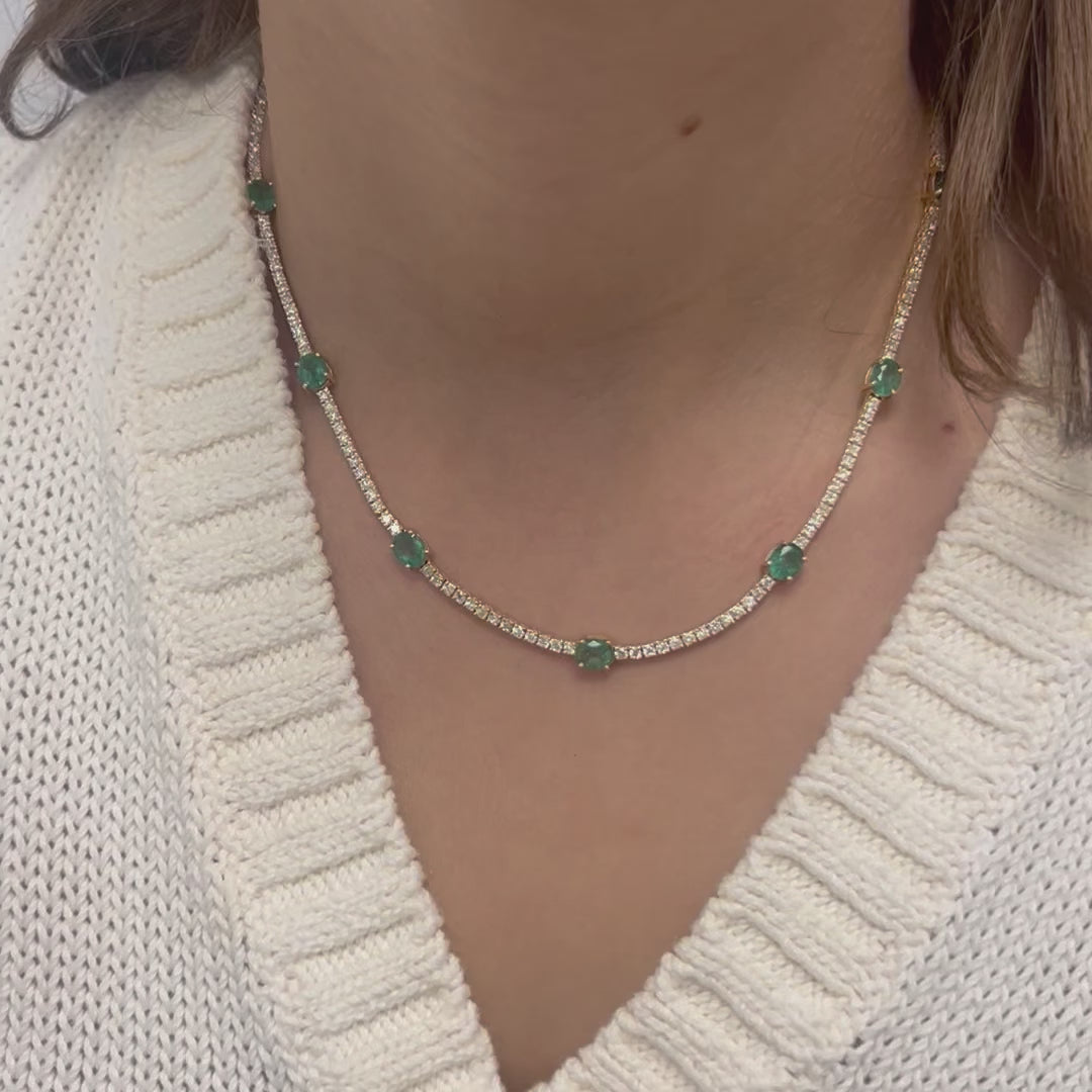 Diamond Tennis Necklace with Alternate Oval Cut Emeralds (6.50 ct.) 4-Prongs Setting in 14K Gold
