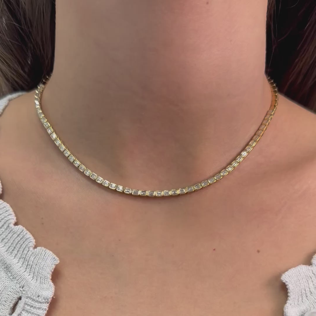 East-West Emerald Cut Diamond Tennis Necklace (4.00 ct.) Halfway Bezel Set in 14K Gold