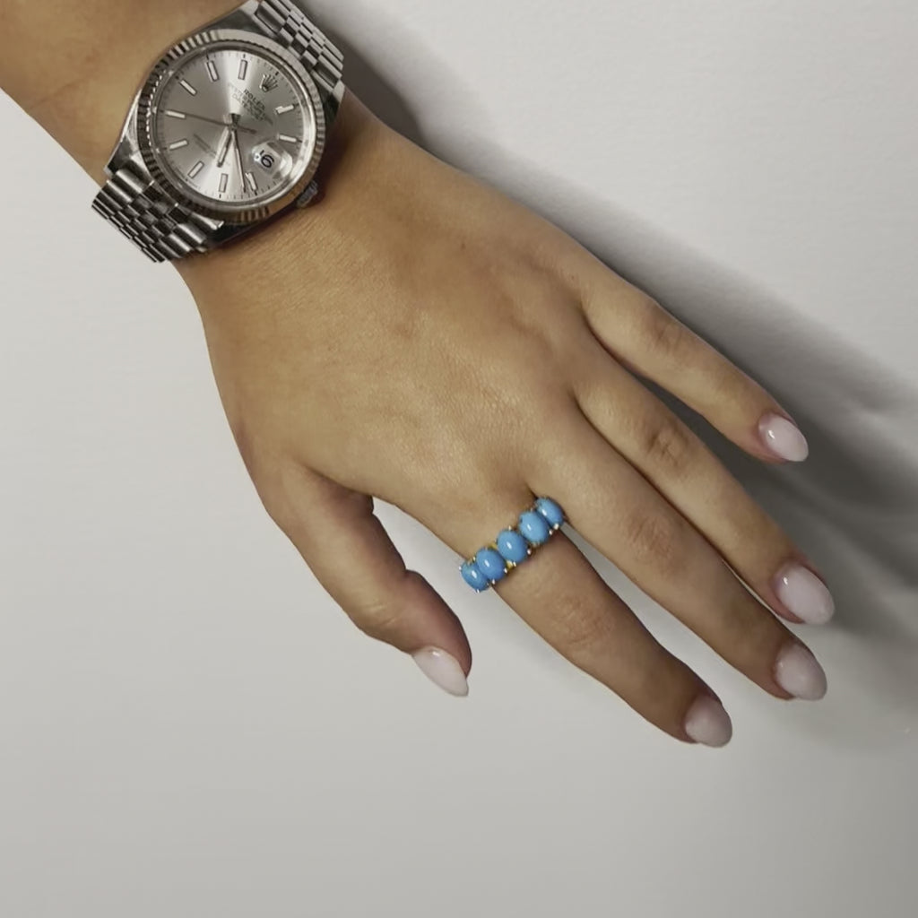 5-Stone Oval Cut Turquoise Ring (4.10 ct.) in 14K Gold