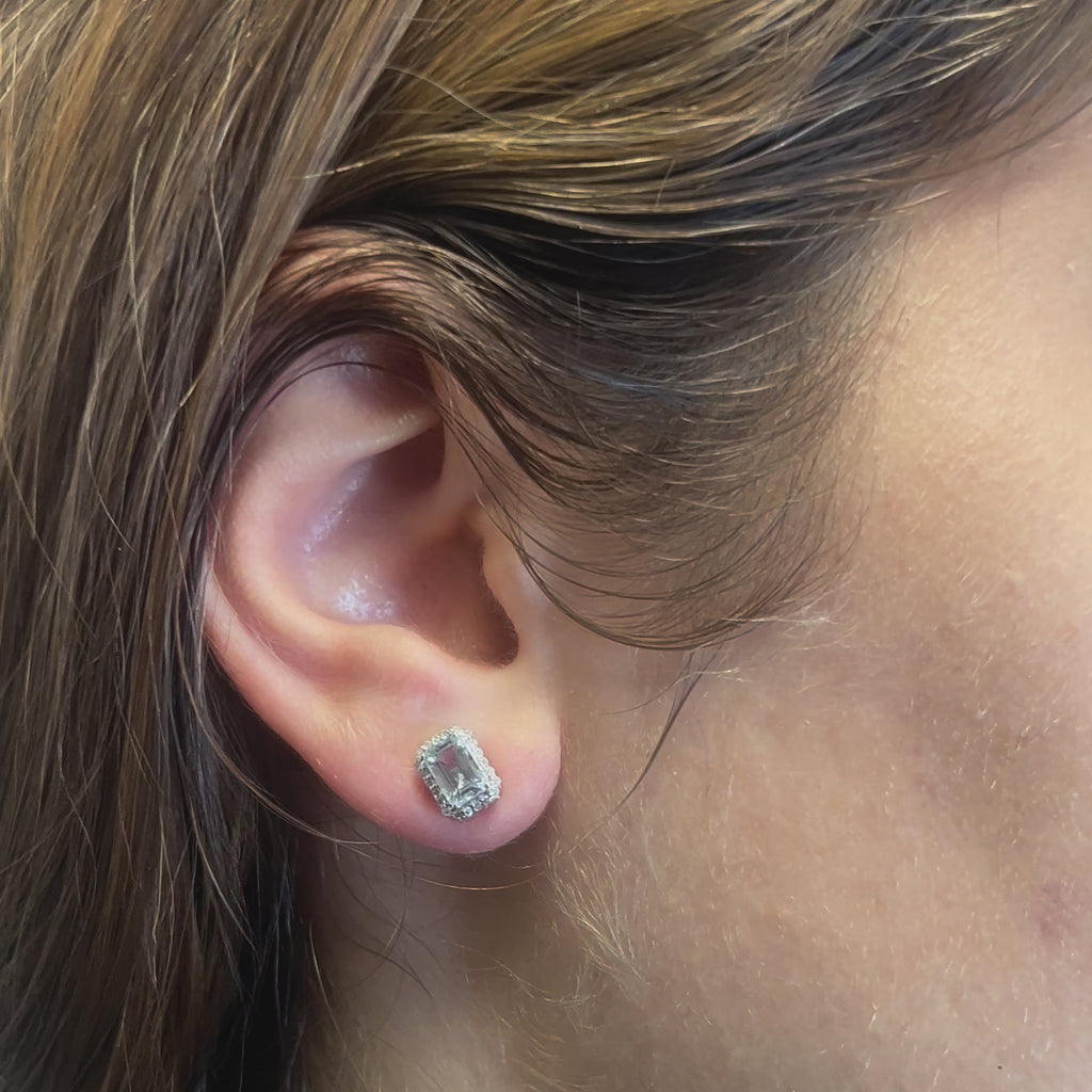 Emerald Cut Aquamarine with Diamond Halo Earrings (1.14 ct.) in 14K Gold