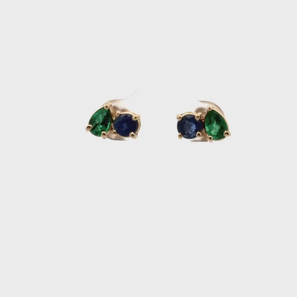 Round Sapphire and Pear Emerald Toi et Moi Earrings (2.00 ct.) in 14kt Yellow Gold