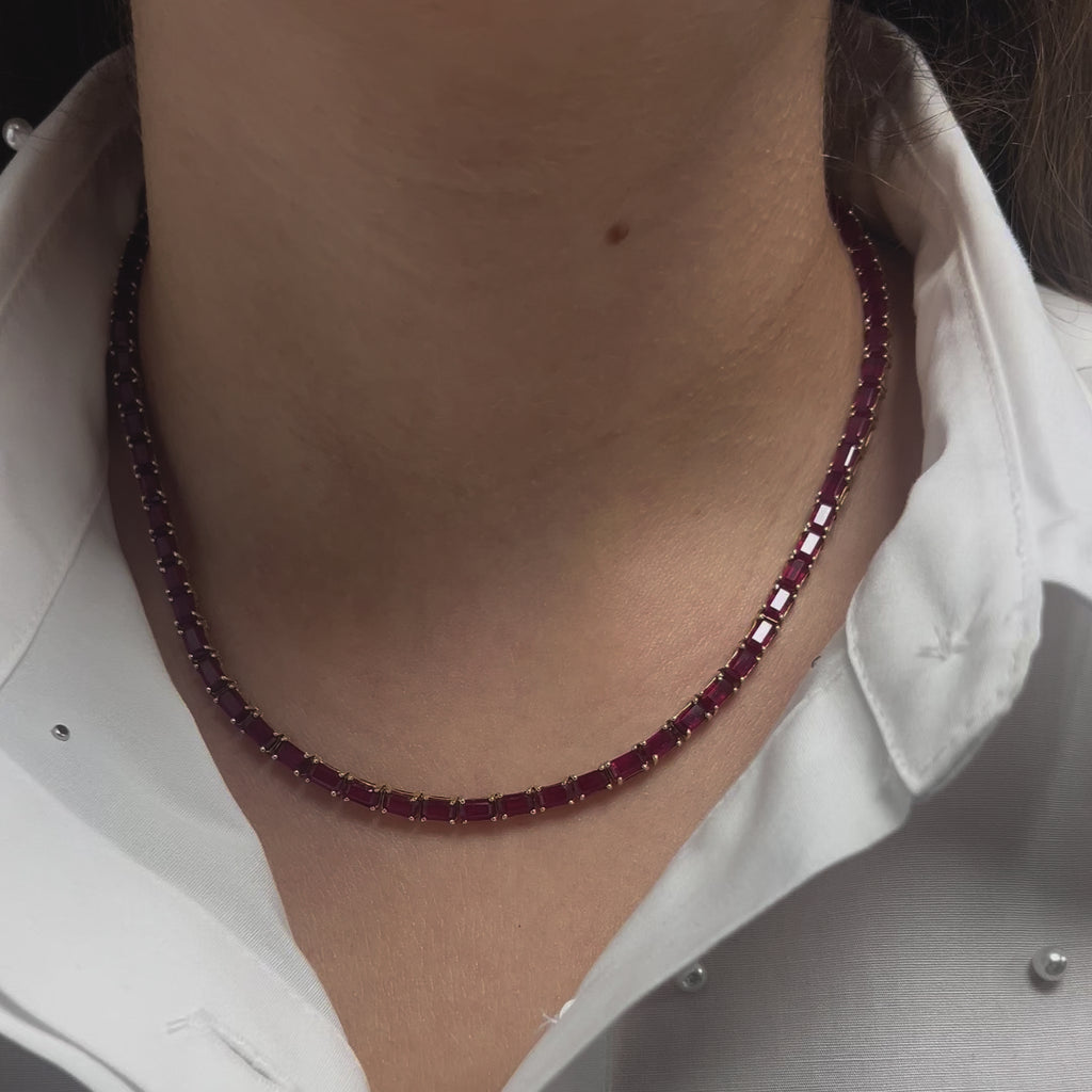 East West Ruby Emerald Cut Tennis Necklace (33.00 ct.) 4-Prongs Setting in 14K Gold