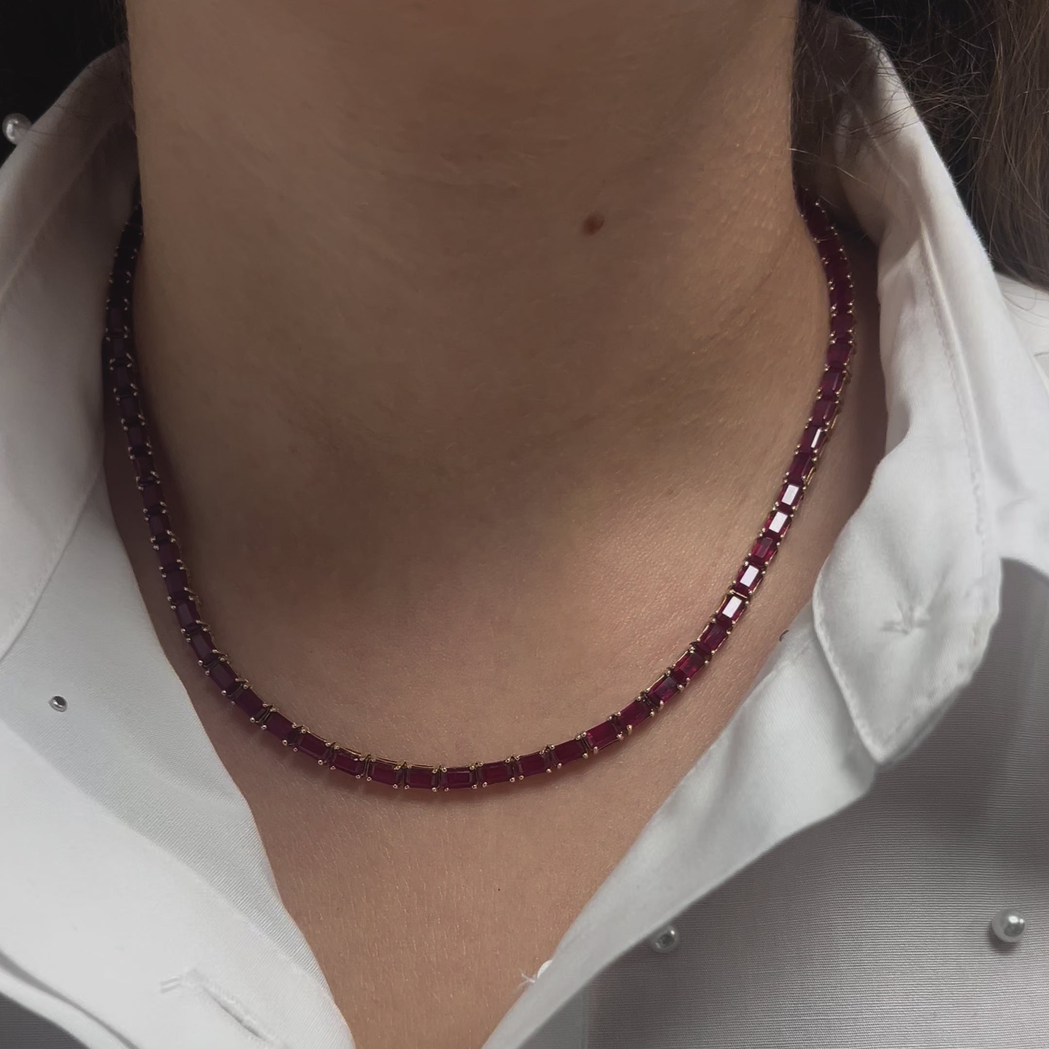 East West Ruby Emerald Cut Tennis Necklace (33.00 ct.) 4-Prongs Setting in 14K Gold