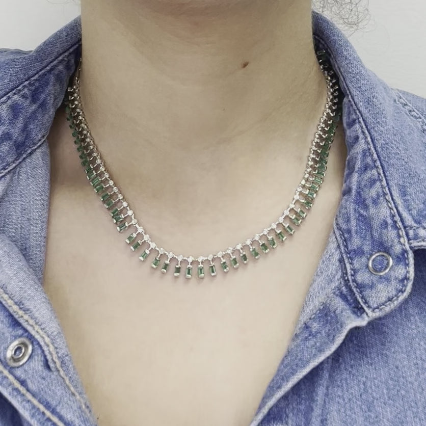 Diamond & Dangling Emerald Cut Emerald Choker Necklace (18.55 ct.) in 14K Gold