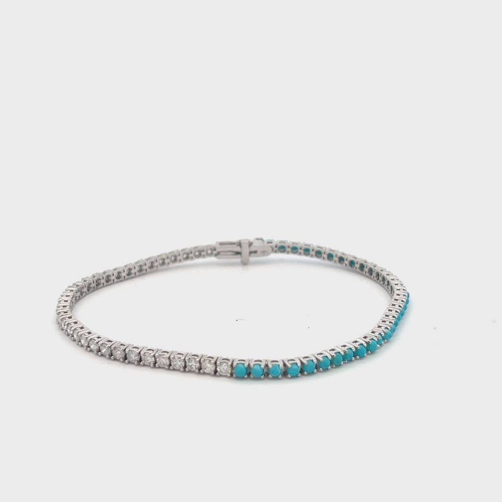 Half Diamond & Half Turquoise Tennis Bracelet (3.80 ct.) 4-Prongs Setting in 14K Gold